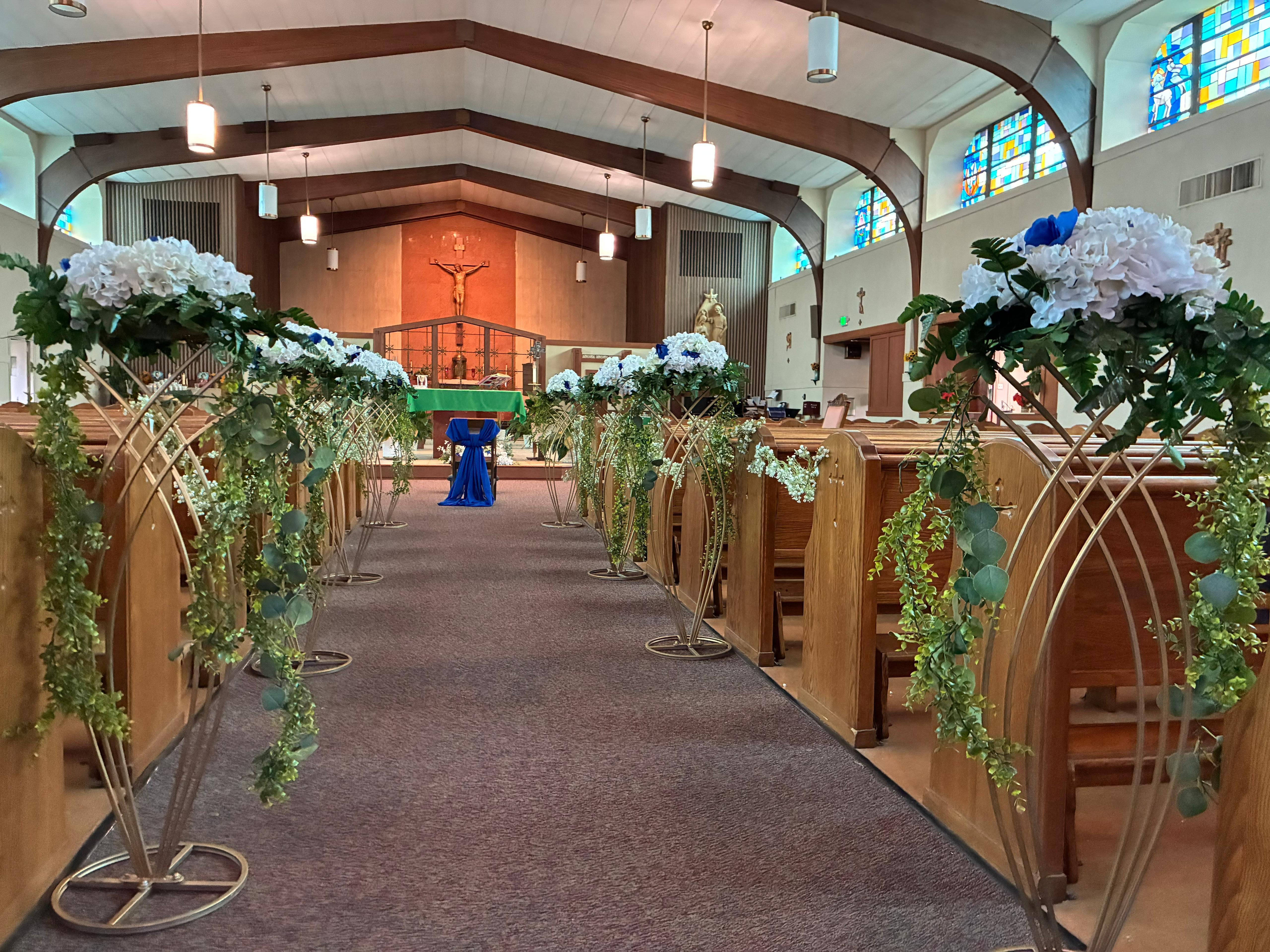 Greenery garland with white and blue flowers