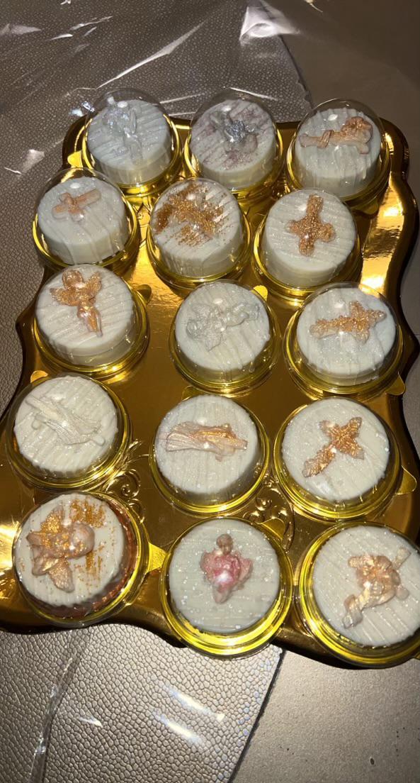 Baptism favor chocolates with cross and angel decorations